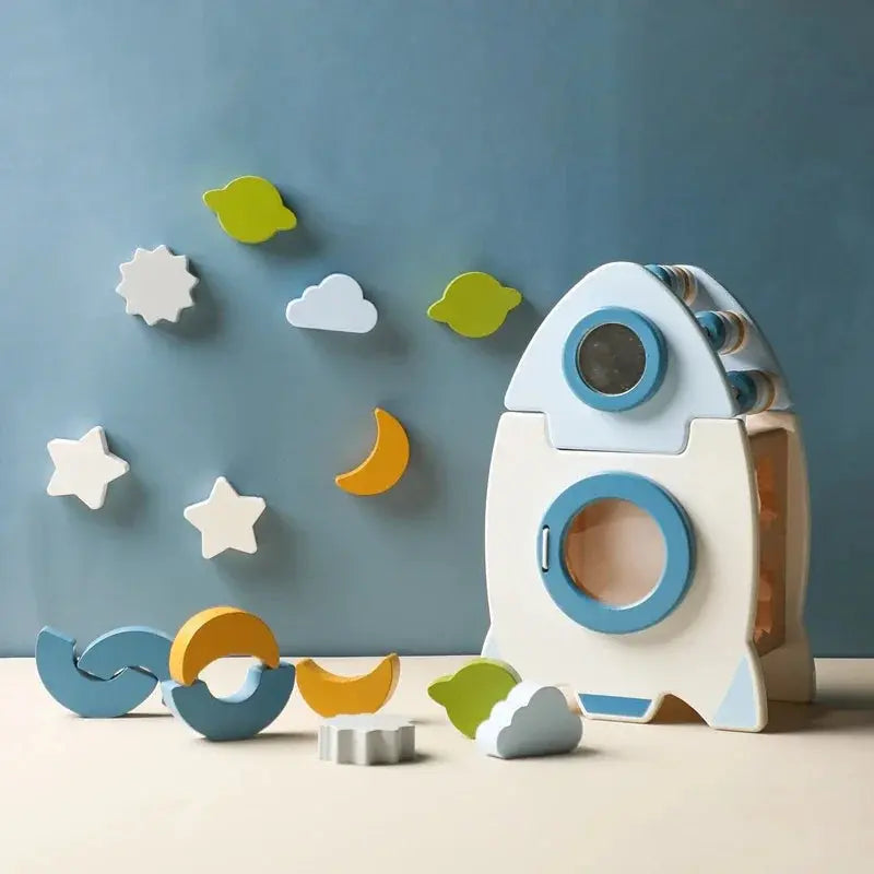 Handcrafted Montessori Wooden Rocket with Various Shapes and Colours My Store
