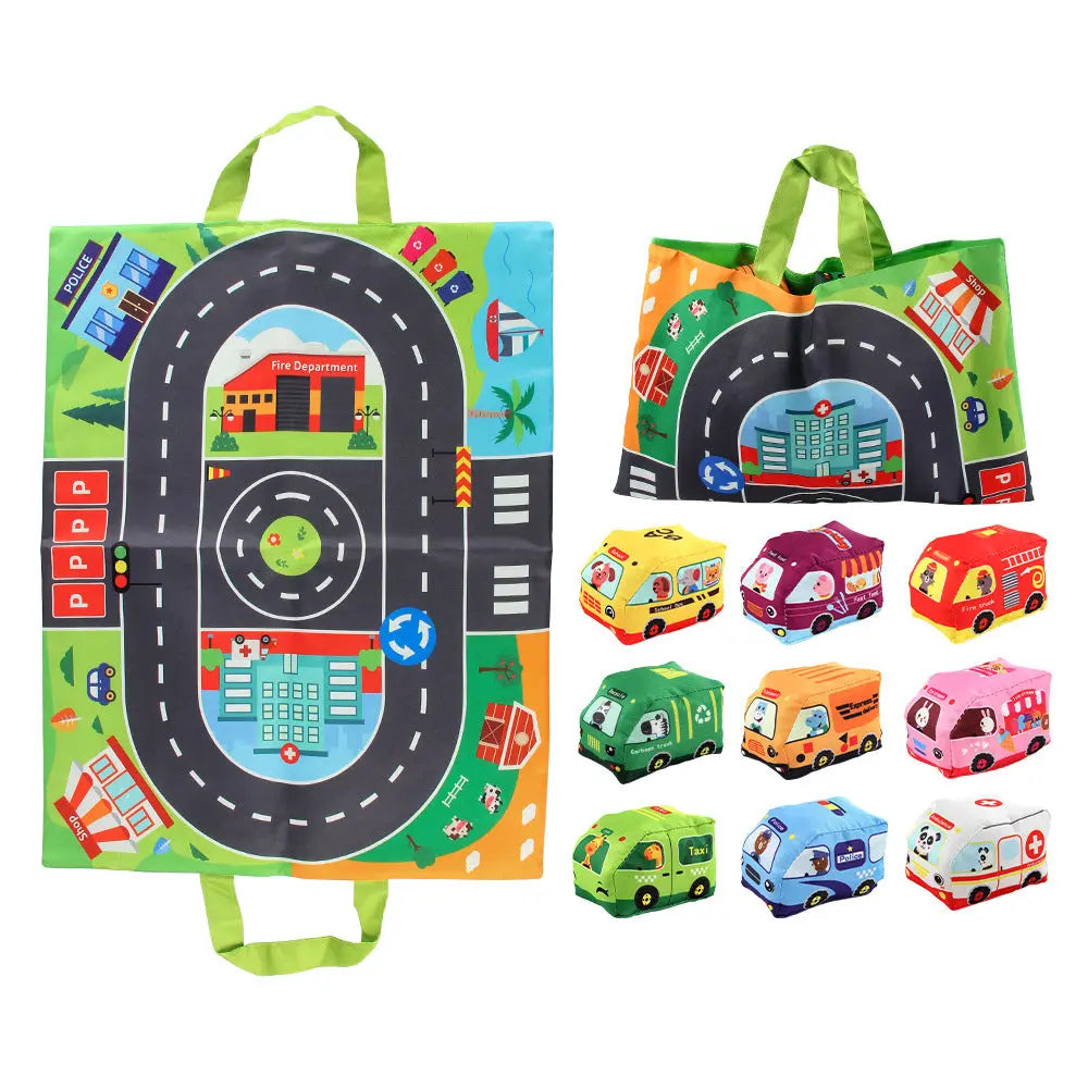 2in1 Sensory Plush Toy Cars with Road Mat and Travel Bag My Store