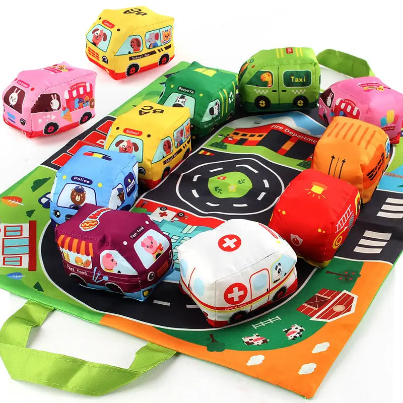 2in1 Sensory Plush Toy Cars with Road Mat and Travel Bag My Store