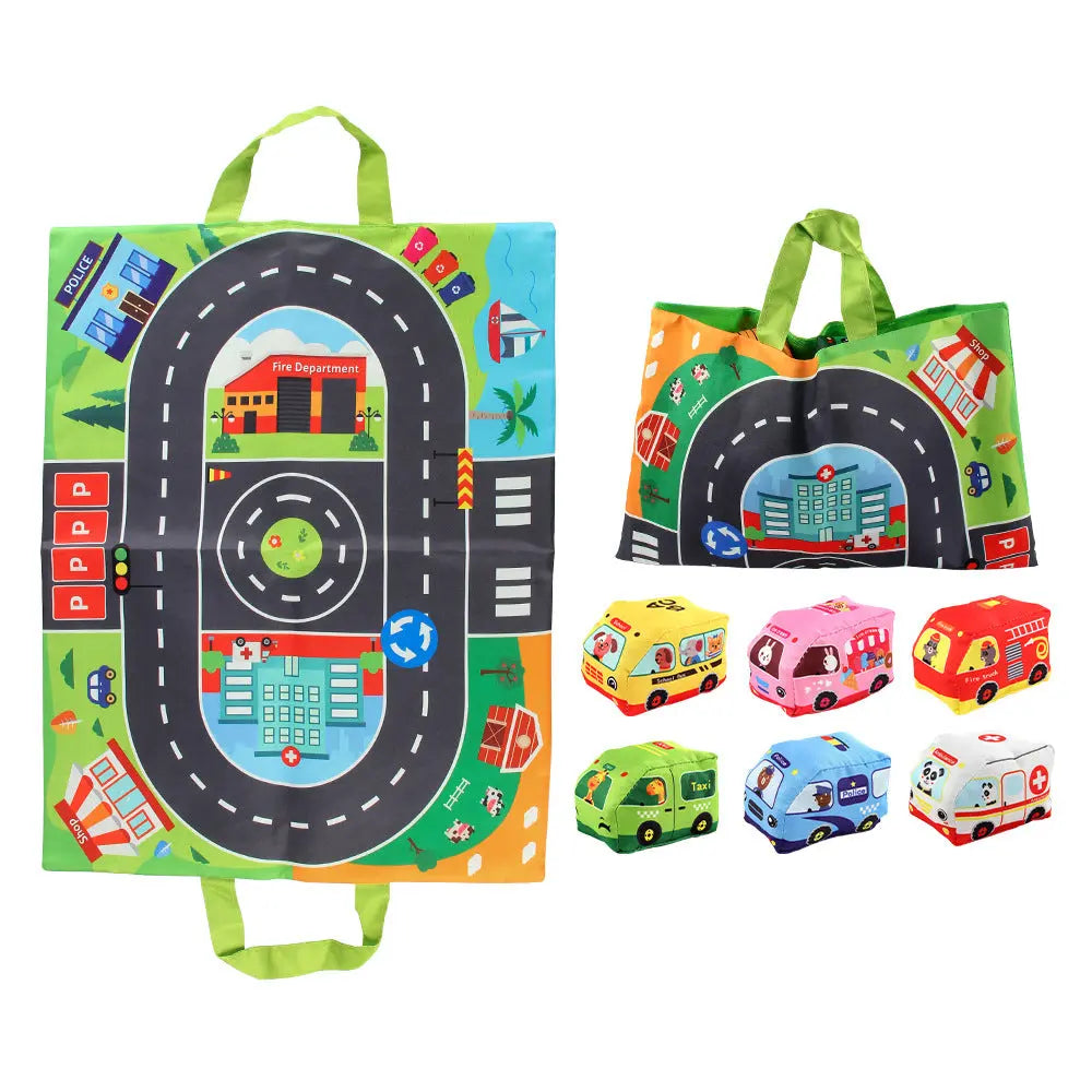 2in1 Sensory Plush Toy Cars with Road Mat and Travel Bag My Store