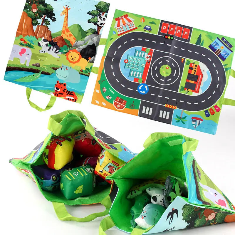 2in1 Sensory Plush Toy Cars with Road Mat and Travel Bag My Store